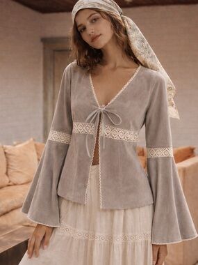 Me Jane suede leather y2k boho crocheted lace bell sleeve top